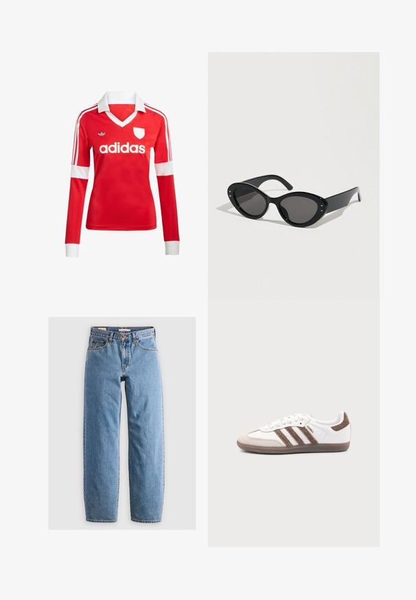 Punane pikade varrukatega jalgpallipluus valge krae ja varrukateotstega. Omab kolme valget triipu õlgadel ja väljapaistvat "adidas" logo.; Heledad sinise denimi teksased, sirge lõikega, viie taskuga, lukuga ja õrnalt pleekinud tekstuuriga. Klassikaline stiil, minimaalsete detailidega.; Valge Adidas Samba toss pruunide seemisnahast triipude, pruuni kummist tallaga ja beežika seemisnahast varbakattaga, kujutatud välisküljelt ühevärvilise tausta peal.; Mustad päikeseprillid, millel on ülipaksud kassisilma-kujulised raamid. Siledad plastraamid tumedate läätsedega ja väikeste tähekujuliste detailidega külgedel.