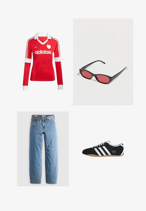 Maillot de football à manches longues rouge avec un col et des poignets blancs. Présente trois rayures blanches sur les épaules et le logo "adidas" affiché en évidence.; Jean en denim bleu clair avec une coupe droite, cinq poches, une fermeture éclair et une texture légèrement délavée. Style classique avec peu de matériel.; Sneakers en suede noir avec trois bandes blanches, logo doré et semelle en caoutchouc marron. Présente un design à lacets à profil bas.; Lunettes de soleil ovales noires avec des branches fines et des verres teintés rouges posées sur une surface blanche.