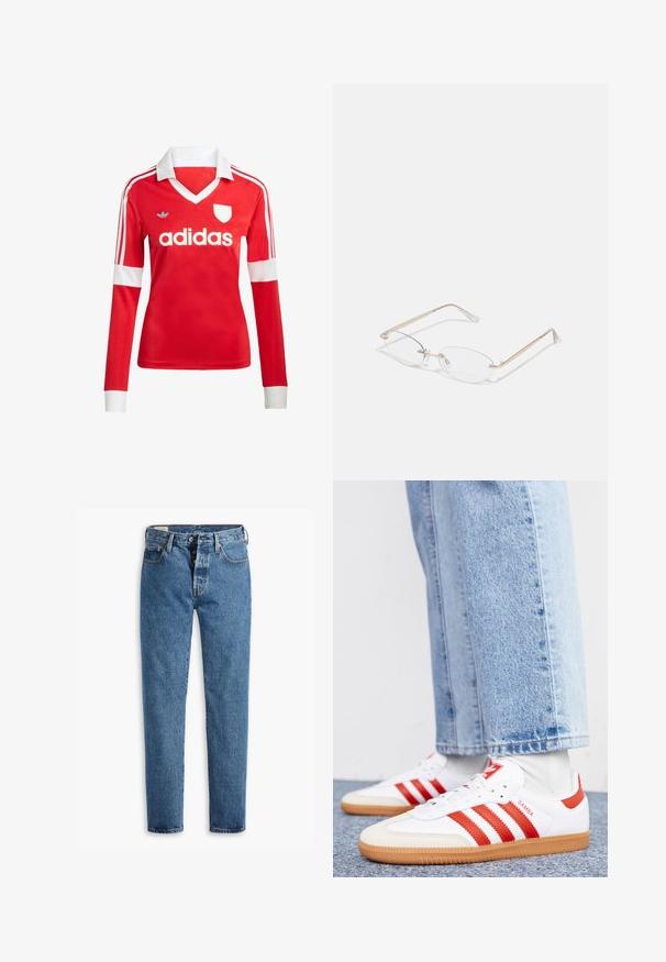 Rotes Fußballtrikot mit langen Ärmeln, weißem Kragen und weißen Ärmelbündchen. Es hat drei weiße Streifen auf den Schultern und das "adidas"-Logo ist auffällig platziert.; Hellblaue Denim-Jeans mit geradem Schnitt, fünf Taschen und klassischem Knopfverschluss. Mit orangefarbenen Nähten und einer leicht verwaschenen Textur.; Weiße Leder Sneaker mit roten Streifen und Akzenten. Verfügt über eine strukturierte Gummi-Laufsohle und einen gepolsterten Schaft. Tragen mit hellblauer Jeans.; Goldfarbene Metallbrille mit ovalen Gläsern, schlanken Bügeln und klaren Nasenpolstern. Verfügt über subtile Scharnierakzente und transparente Gläser.