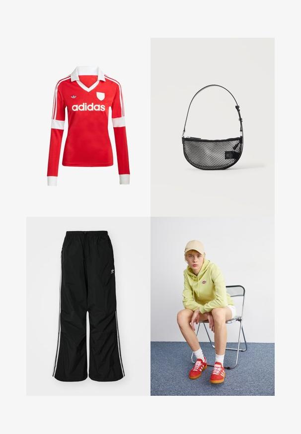 Červený futbalový dres s dlhým rukávom a bielym golierom a manžetami. Na ramenách sú tri biele pruhy a výrazne zobrazené logo "adidas".; Čierne vetrovky nohavice s elastickým pásom, šnúrkou na stiahnutie, bielymi bočnými pruhmi, voľným strihom, s malým logom na ľavej strane.; Svetlozelená mikina s logom, biele šortky, červené tenisky s bielymi pruhmi, sediaca na chrómovej skladacej stoličke proti neutrálnemu pozadiu.; Čierna sieťovaná polmesiacová taška s krátkym nastaviteľným koženým remienkom a zipsom na jednoduchom svetlom pozadí.