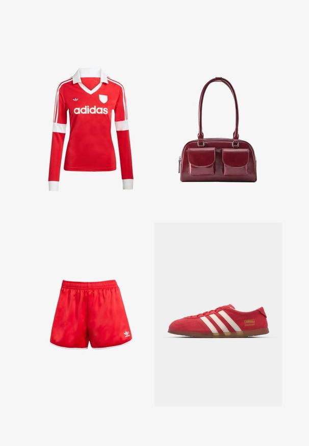 Rød langærmet fodboldtrøje med hvid krave og manchetter. Har tre hvide striber på skuldrene og "adidas" logoet fremtrædende vist.; Røde sportsbukser med elastisk talje, hvid kant ved sømmen og en subtil glans. Har Adidas-logoet i hvid på den nederste venstre side.; Røde ruskinds sneakers med hvidt tre-stripes design, flad ydersål og guld logo detalje. Lavskåren design med afrundet tå og snørebåndslukning.; Mørkerød læderhåndtaske med to forlommer med klap og lange skulderstropper, vist på hvid baggrund.