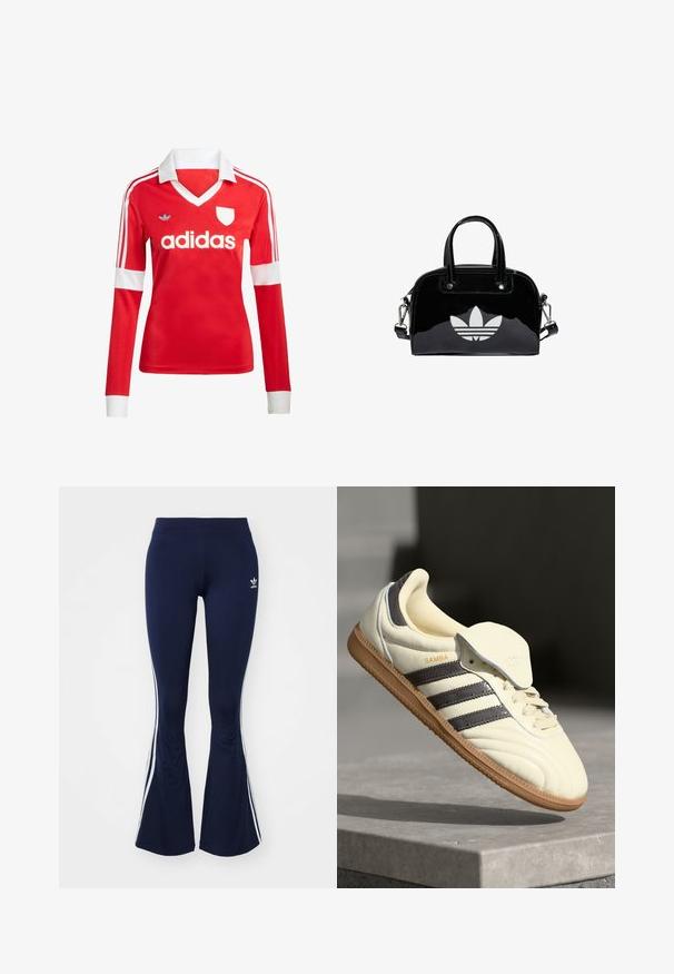Rød langærmet fodboldtrøje med hvid krave og manchetter. Har tre hvide striber på skuldrene og "adidas" logoet fremtrædende vist.; Marineblå buksestykker med klokkeform, lavet af strækbar stof, med hvide side-striber og et lille logo på forsiden. Glat tekstur hele vejen igennem.; Cremefarvede lædersneakers med tre mørke striber, en brun gummisål og en afrundet tå. Har en foldbar tunge mærket "SAMBA."; Sort patentlæder håndtaske med rund form, to top-håndtag, sølvdetaljer og en fremtrædende hvid logo på fronten.