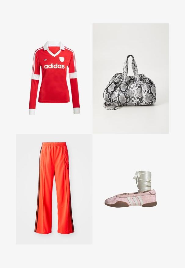 Punane pikade varrukatega jalgpallipluus valge krae ja varrukateotstega. Omab kolme valget triipu õlgadel ja väljapaistvat "adidas" logo.; Kirkas oranžid spordipüksid laia säärekujundusega, millel on mustad külgtriibud ja elastne vöökoht. Kaasas on lukuga tasku.; Roosa baleriinaan king, millel on lillemustriga tekstuur, valge nahast detailid ja kolm valget triipu. Omab pehmet talla ja paela paelumiseks.; Mustvalge naha mustriga käekott, millel on kaks käepidet, joonimise sulgemine ja eemaldatav õlavarre rihm. Sile tekstuur.