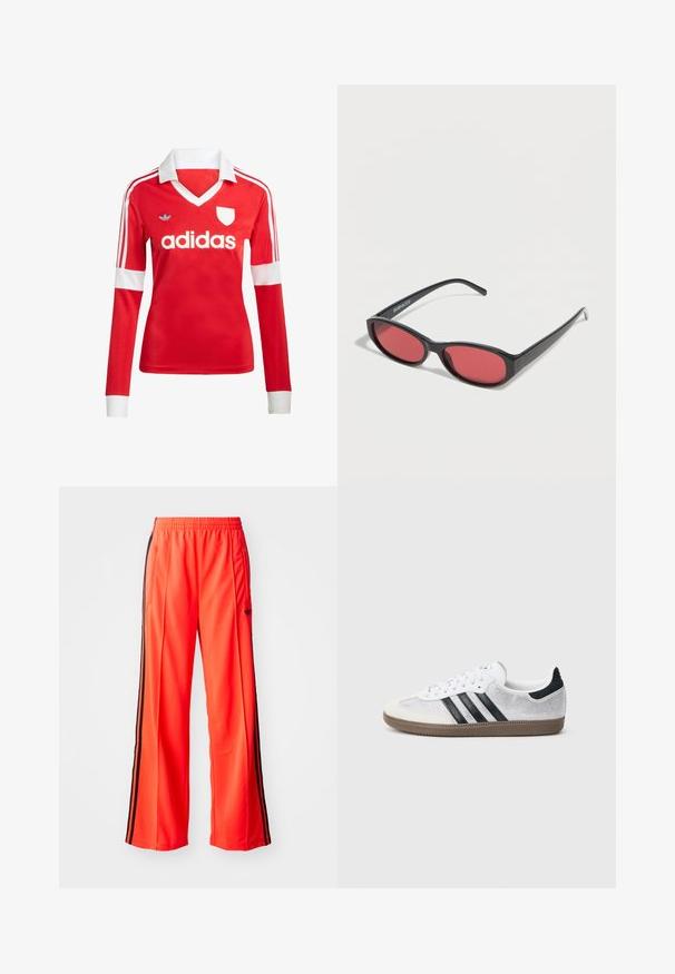 Punane pikade varrukatega jalgpallipluus valge krae ja varrukateotstega. Omab kolme valget triipu õlgadel ja väljapaistvat "adidas" logo.; Kirkas oranžid spordipüksid laia säärekujundusega, millel on mustad külgtriibud ja elastne vöökoht. Kaasas on lukuga tasku.; Valged võrgust tennised mustade triipude, beežide seemisnahast varbakatte ja kannaaktsendiga, tekstureeritud kummist tallaga ja valgete paeltega. Klassikalise madala lõikega disain.; Mustad ovaalsed päikeseprillid õhukeste kätega ja punase tooniga läätsedega, mis puhkavad valgel pinnal.