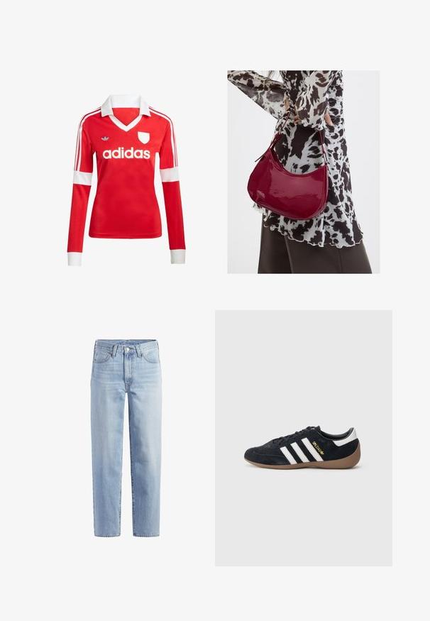 Červený futbalový dres s dlhým rukávom a bielym golierom a manžetami. Na ramenách sú tri biele pruhy a výrazne zobrazené logo "adidas".; Svetlomodré rovné džínsy so zapínaním na gombík, zipsom, pútkom na opasok a päť vreckovým dizajnom na bielom pozadí.; Čierna semišová teniska s tromi bielymi pruhmi, gumovou podrážkou a malým zlatým logom na boku. Má hladkú čiernu vnútornú podšívku.; Žena v čierno-bielom vzorovanom blúzke drží lesklú červenú kabelku cez rameno na jednofarebnom pozadí.