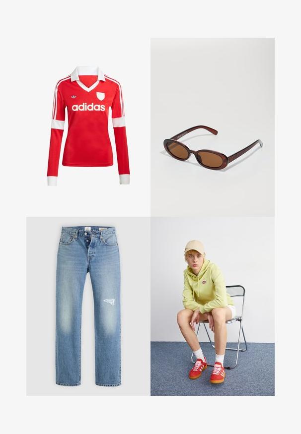 Maillot de football à manches longues rouge avec un col et des poignets blancs. Présente trois rayures blanches sur les épaules et le logo "adidas" affiché en évidence.; Jean en denim bleu clair avec une coupe décontractée, présentant un patch déchiré sur la cuisse droite, cinq poches et une fermeture à bouton en métal.; Un sweat à capuche vert clair avec logo, un short blanc, des baskets rouges avec rayures blanches, assis sur une chaise pliante en chrome contre un fond neutre.; Lunettes de soleil rondes teinte brun avec une monture bordeaux brillante. Branches fines avec un détail de marque subtil. Design de verres plats.