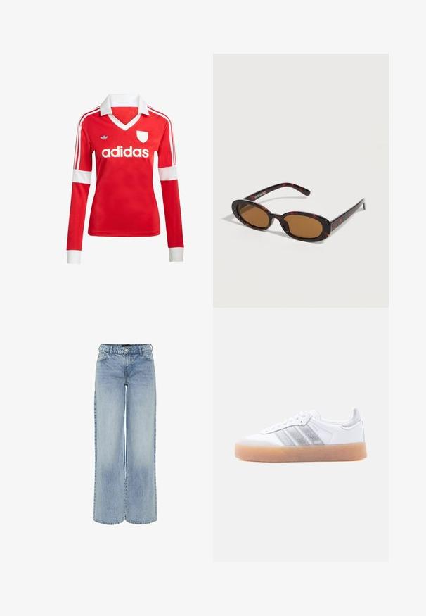 Maillot de football à manches longues rouge avec un col et des poignets blancs. Présente trois rayures blanches sur les épaules et le logo "adidas" affiché en évidence.; Jeans en denim bleu clair à jambes larges avec taille haute, cinq poches et décoloration subtile. Comprend des passants de ceinture et une fermeture éclair.; Baskets basses blanches avec semelle gomme, accents argentés rayés sur le côté, et fermeture à lacets, présentées sur un fond clair uni.; Lunettes de soleil ovales en écaille avec des verres teintés marron et des branches fines reposant sur une surface blanche.