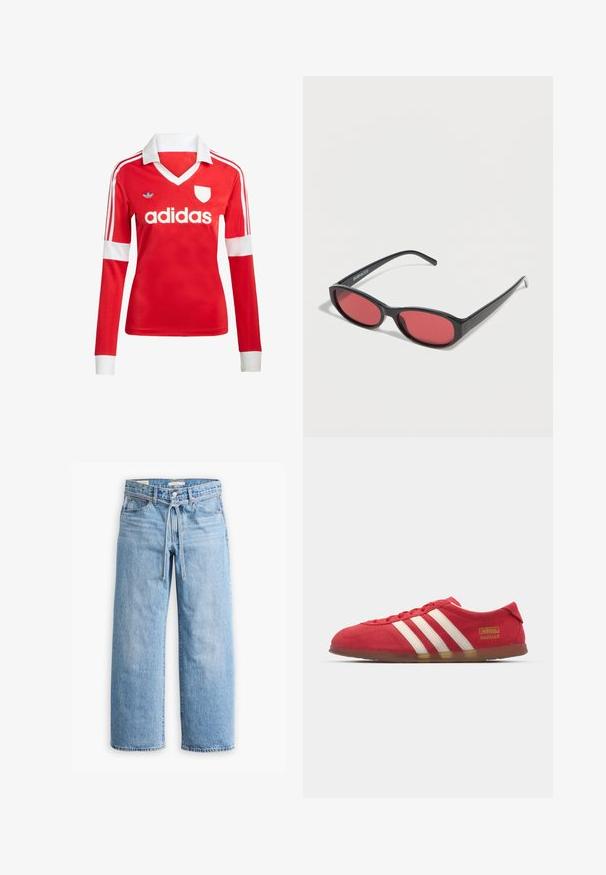 Červený futbalový dres s dlhým rukávom a bielym golierom a manžetami. Na ramenách sú tri biele pruhy a výrazne zobrazené logo "adidas".; Svetlomodré riflové nohavice so širokými nohavicami a vysokým pásom, s gombíkom a zipsovým zapínaním a šnúrkou na páse. Úprava s prirodzeným okrajom.; Červené semišové tenisky s bielym trojpruhovým dizajnom, plochou podrážkou a zlatým logom. Nízky strih s okrúlou špičkou a šnurovaním.; Čierne oválne slnečné okuliare s tenkými ramenami a červenými tónovanými šošovkami ležia na bielom povrchu.