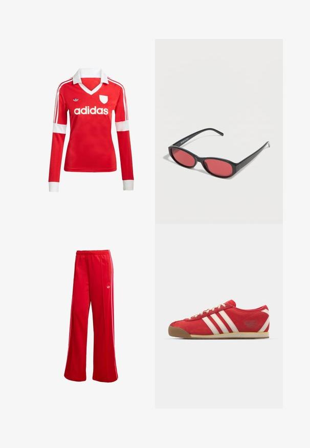 Rød langærmet fodboldtrøje med hvid krave og manchetter. Har tre hvide striber på skuldrene og "adidas" logoet fremtrædende vist.; Røde atletiske bukser med brede ben, elastisk talje og sidelomme med lynlås. Har et lille hvidt logo på venstre side. Glat tekstur.; Røde nubuck sportsko med tre hvide striber. Gummisål, lavtop design, rund tå og snørebånd. Tekst "adidas Italia" på siden.; Sorte ovale solbriller med tynde arme og rødtonede linser, der ligger på en hvid overflade.