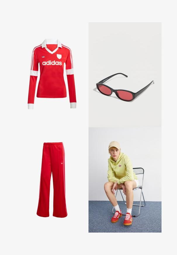 Punane pikade varrukatega jalgpallipluus valge krae ja varrukateotstega. Omab kolme valget triipu õlgadel ja väljapaistvat "adidas" logo.; Punased spordipüksid laia jalaosaga, elastse vöökoha ja külgmise tõmblukuga taskuga. Vasakul küljel on väike valge logo. Siledat tekstuuri.; Hele roheline kapuutsiga särgiga, valged lühikesed püksid, punased tossud valgete triipudega, istub kroomitud kokkuklapitaval toolil neutraalse tausta ees.; Mustad ovaalsed päikeseprillid õhukeste kätega ja punase tooniga läätsedega, mis puhkavad valgel pinnal.