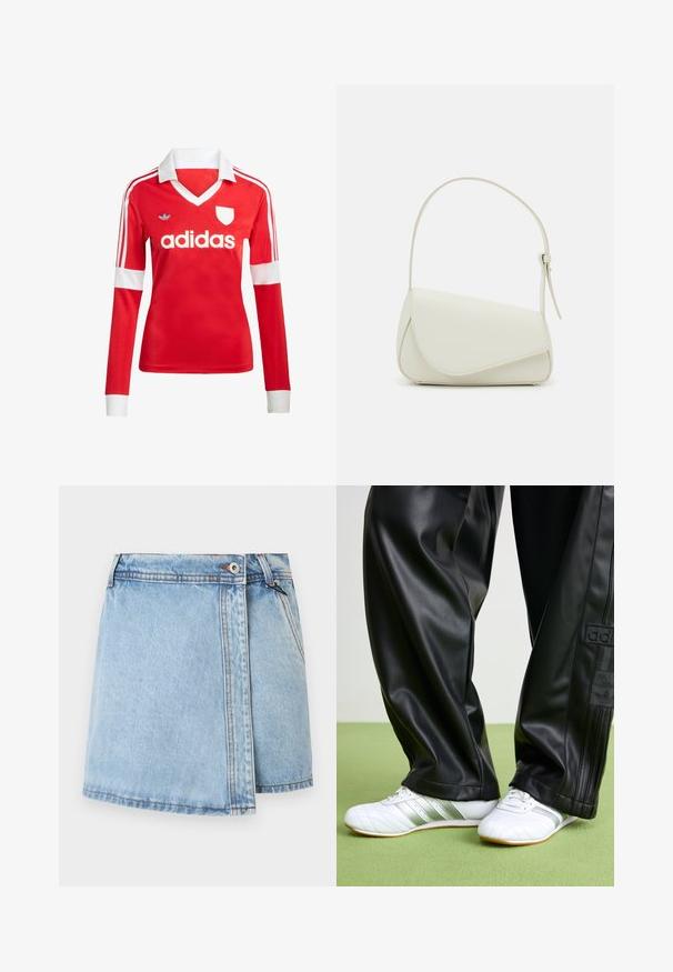 Rotes Fußballtrikot mit langen Ärmeln, weißem Kragen und weißen Ärmelbündchen. Es hat drei weiße Streifen auf den Schultern und das "adidas"-Logo ist auffällig platziert.; Hellblauer Jeansrock mit geradem Schnitt, vorderem Knopfverschluss und kontrastierenden Nähten an den Nähten. Keine sichtbaren Taschen.; Schwarze Kunstlederhosen mit einer lockeren Passform, die eine glatte Textur und seitliche Streifen aufweisen. Kombiniert mit weißen Sneakers mit silbernen Akzenten.; Weiße Kunstleder-Handtasche mit einer strukturierten dreieckigen Form, einem verstellbaren Einzelgurt und einem Klappenverschluss mit geschwungenen Akzenten.