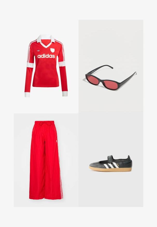 Rotes Fußballtrikot mit langen Ärmeln, weißem Kragen und weißen Ärmelbündchen. Es hat drei weiße Streifen auf den Schultern und das "adidas"-Logo ist auffällig platziert.; Rote weit geschnittene Hose aus leichtem Stoff, mit weißen Seitenstreifen und einem elastischen Bund mit Kordelzug.; Schwarze Leder- und Wildledersneaker mit einem Klettverschluss, ausgestattet mit drei weißen Streifen und einer Gummisohle, beschriftet mit "SAMBA" an der Seite.; Schwarze ovale Sonnenbrille mit schlanken Bügeln und rot getönten Gläsern, die auf einer weißen Oberfläche liegt.