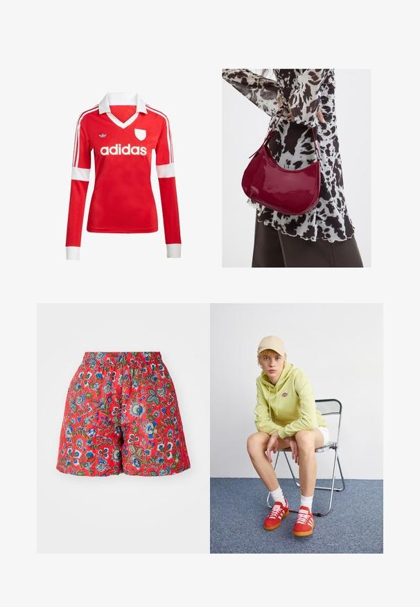Červený futbalový dres s dlhým rukávom a bielym golierom a manžetami. Na ramenách sú tri biele pruhy a výrazne zobrazené logo "adidas".; Červené kvetinové šortky s elastickým pásom. Obsahujú modré a zelené vzory kvetov, hladký povrch a voľný strih.; Svetlozelená mikina s logom, biele šortky, červené tenisky s bielymi pruhmi, sediaca na chrómovej skladacej stoličke proti neutrálnemu pozadiu.; Žena v čierno-bielom vzorovanom blúzke drží lesklú červenú kabelku cez rameno na jednofarebnom pozadí.