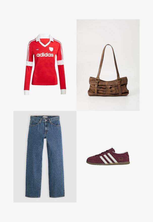 Rød langærmet fodboldtrøje med hvid krave og manchetter. Har tre hvide striber på skuldrene og "adidas" logoet fremtrædende vist.; Blå denim jeans med lige pasform, der har fem lommer, knaplukning og kontrastsyninger langs sømmene.; Vinrød ruskindssneaker med hvide stribede detaljer, rund tå og en gumgummisål. Har et logo-mærke på ydersiden.; Even&Odd Håndtasker - brown