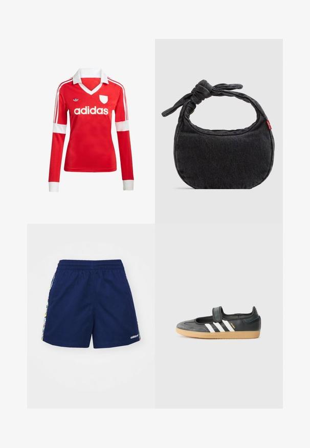Rød langærmet fodboldtrøje med hvid krave og manchetter. Har tre hvide striber på skuldrene og "adidas" logoet fremtrædende vist.; Marineblå shorts med elastisk talje, med farverige blomstrede striber på siderne og et lille hvidt logo nederst på sømmen.; Sort læder- og ruskinds sneakers med en Velcro-rem, der har tre hvide striber og en gummisål, mærket "SAMBA" på siden.; Lille sort denim skuldertaske med knyttet rem og lynlåslukning, med en rød Levi's stofetiket på siden.