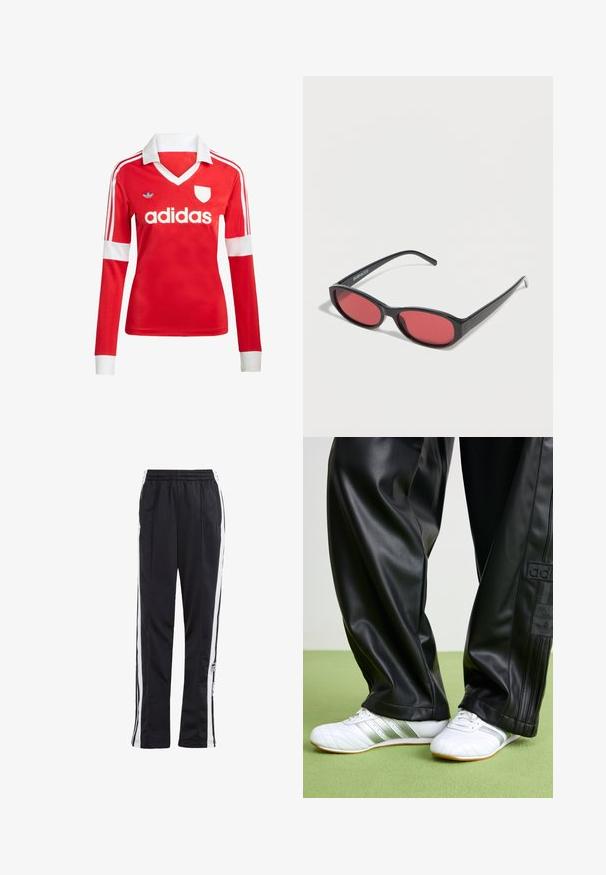 Rød langærmet fodboldtrøje med hvid krave og manchetter. Har tre hvide striber på skuldrene og "adidas" logoet fremtrædende vist.; Sorte træningsbukser med hvide sidelister, elastisk talje og et logo-patch. Fremstillet af glat, letvægtsstof. Lige ben design.; Sorte faux leather bukser med en løs pasform, der har en glat overflade og sidelister. Sammen med hvide sneakers med sølvdetaljer.; Sorte ovale solbriller med tynde arme og rødtonede linser, der ligger på en hvid overflade.