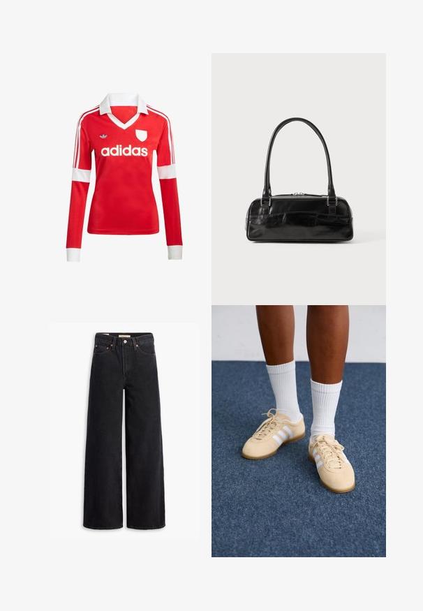 Rode lange mouwen voetbalshirt met een witte kraag en manchetten. Heeft drie witte strepen op de schouders en het "adidas" logo prominent weergegeven.; Zwarte brede jeans gemaakt van denim, met vijf zakken, koperen klinknagels en een klassieke knoopsluiting. Glad van textuur met een strakke uitstraling.; Persoon in beige Adidas sneakers met witte strepen en witte enkelsokken, staande op een blauwe tapijtvloer.; Zwarte leren handtas met een rechthoekige vorm, voorzien van een enkele gestructureerde handgreep, zilveren hardware en ritsluiting. Gladde textuur.