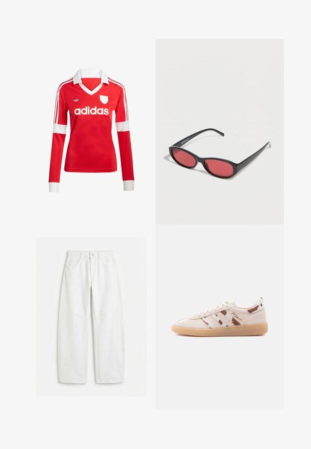 Maillot de football à manches longues rouge avec un col et des poignets blancs. Présente trois rayures blanches sur les épaules et le logo "adidas" affiché en évidence.; Jean blanc à jambes droites avec poches avant, passants pour ceinture, fermeture par bouton et détails de coutures visibles.; Baskets basses en daim beige avec semelle gomme, motif à rayures marron et blanc, "SPEZIAL" en lettres dorées sur le côté.; Lunettes de soleil ovales noires avec des branches fines et des verres teintés rouges posées sur une surface blanche.