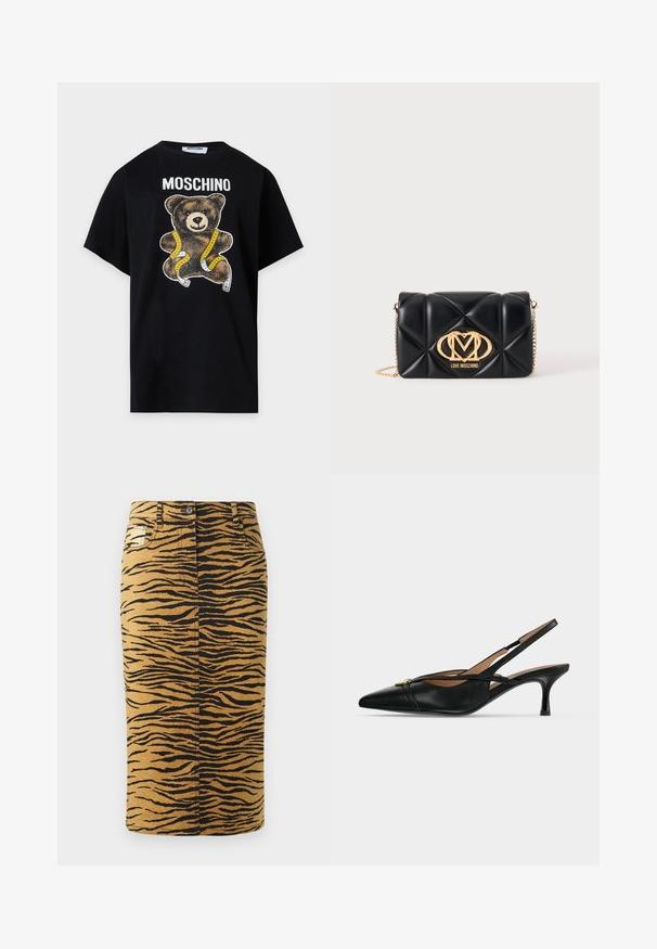 Must Moschino t-särk, millel on all kaubamärgi nime all prinditud kollase-valge mõõdulindiga mähitud kaisukaru.; Tiigri triibuline seelik, millel on kuldne taust ja mustad mustrid. Valmistatud denimist, sirge lõikega ja sisaldab taskuid.; Mustast nahast terava ninaga slingback-tallaga kingad madala kassikandade ja kuldse pandla detailiga ees.; Must nahast tikandiga käekott kuldse kettrihmaga ja suure kullast Love Moschino logoga ees.