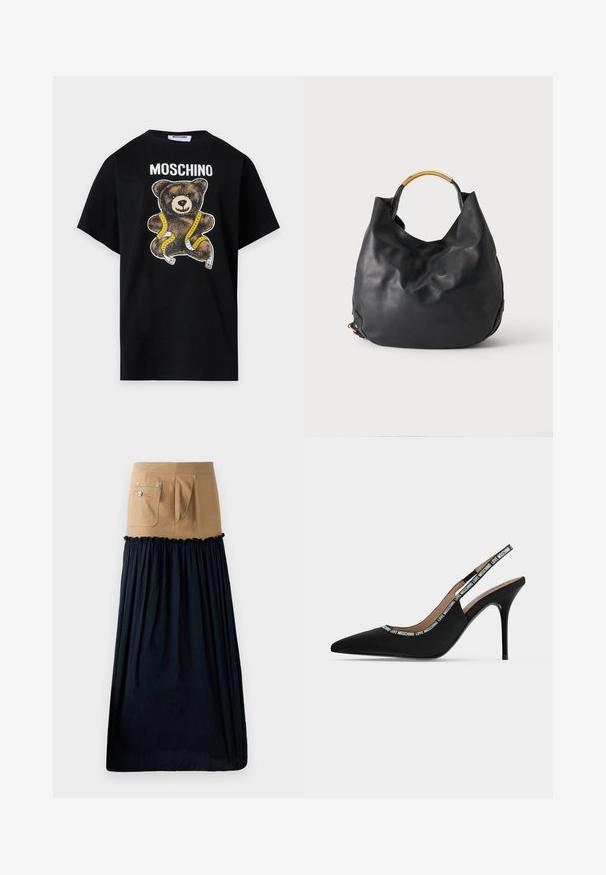 Μαύρο t-shirt Moschino με ζωγραφισμένη μια αρκουδάκι τυλιγμένο με κίτρινη και λευκή μεζούρα κάτω από το όνομα της μάρκας.; Τζιν φούστα σε ταμπά απόχρωση με λεπτομέρειες από ναυτικό κρεπ και ριγέ φάσες; περιλαμβάνει τσέπες και ασημί μεταλλικά στοιχεία; συνδυάζει μια δομημένη κορυφή με μια ροή στο κάτω μέρος.; Μαύρο γυναικείο παπούτσι με ανοιχτή φτέρνα, λεπτό στιλέτο τακούνι και μυτερή μύτη, με το κείμενο "LOVE MOSCHINO" στο λουράκι και την άκρη.; Μαύρη δερμάτινη τσάντα χειρός με κυρτή χρυσή μεταλλική λαβή, χαλαρό σχέδιο και στρογγυλεμένο κάτω μέρος σε απλό φωτεινό φόντο.
