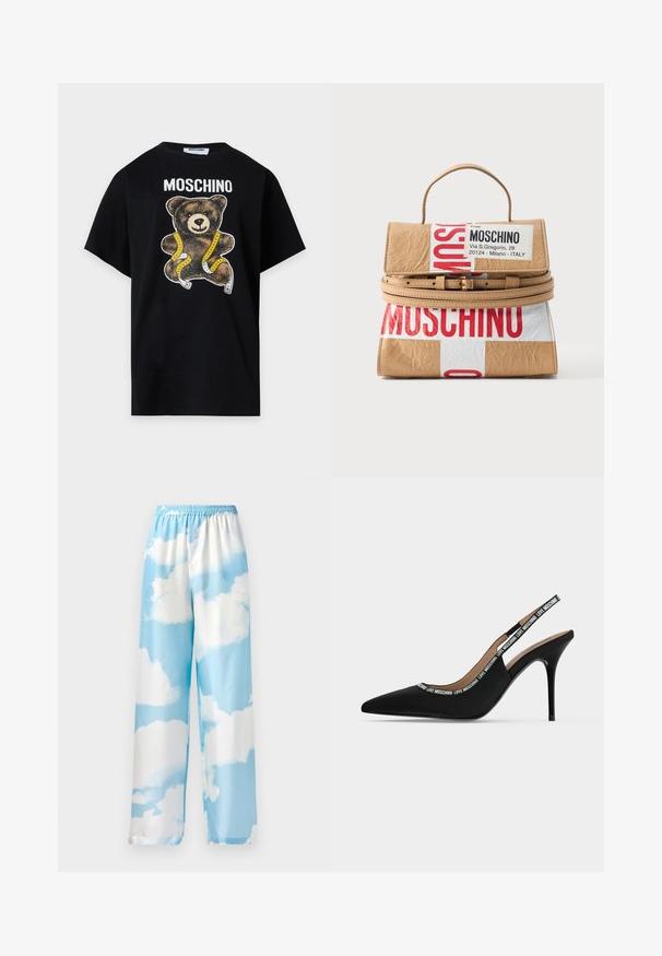 Sort Moschino t-shirt med en teddybjørn indhyllet i gul og hvid målebånd trykt under mærkenavnet.; Himmelblå bukser med sky-mønster, lavet af glat stof, med en elastisk talje og brede ben. Ingen synlige lommer eller hardware.; Sort spids tå slingback stilet hæl sko med tynd stilet hæl og "LOVE MOSCHINO" tekst på remmen og kanten.; Lille tan-farvet håndtaske med top-håndtag, dobbelt omsnøringsbælte og fed rød og hvid Moschino-labelprint foran og på klappen.