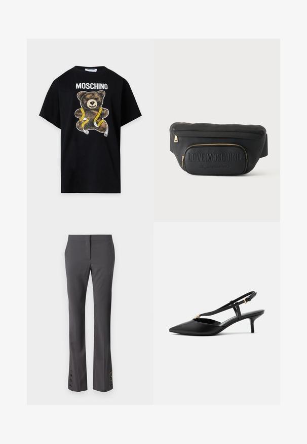 T-shirt noir Moschino avec un ours en peluche enveloppé dans un ruban à mesurer jaune et blanc imprimé sous le nom de la marque.; Pantalon gris sur mesure avec une coupe droite, accents de boutons au bas, et une texture lisse. Doté d'un devant plat et de poches latérales.; Escarpin slingback en cuir noir à petit talon kitten, bout pointu, fine bride en T, boucle réglable et petite décoration dorée sur la bride.; Banane noire Moschino avec fermetures éclair dorées et logo embossé portant l'inscription "LOVE MOSCHINO Made with love" sur la poche avant.