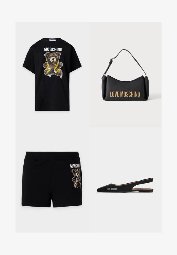 Zwart Moschino T-shirt met een teddybeer gewikkeld in een geel-wit meetlint, gedrukt onder de merknaam.; Zwarte katoenen shorts met een afbeelding van een beer met kleurrijke patches. De tailleband is elastisch voor comfort en een casual pasvorm.; Zwarte puntige slingback platte schoen met lage hak en "LOVE MOSCHINO"-logo aan de zijkant tegen een effen lichte achtergrond.; Zwarte Moschino handtas met gouden letters en korte schouderriem op een witte achtergrond.