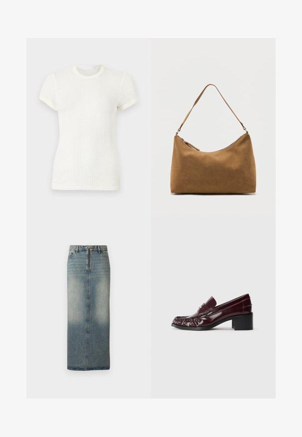 Hvid ribstrikket t-shirt med korte ærmer, rund halsudskæring og let puffede ærmer.; Denim midi nederdel i lys blåt med en falmet finish. Har en frontlynlås og knaplukning, lige snit og minimale syninger.; Bordeaux læderloafer med rund tå, samlet tekstur foran og en kort, sort blokhæl. Guldaccents på vamps.; Brun skuldertaske i ruskind med enkelt rem og lynlås øverst, vist mod en ensfarvet hvid baggrund.
