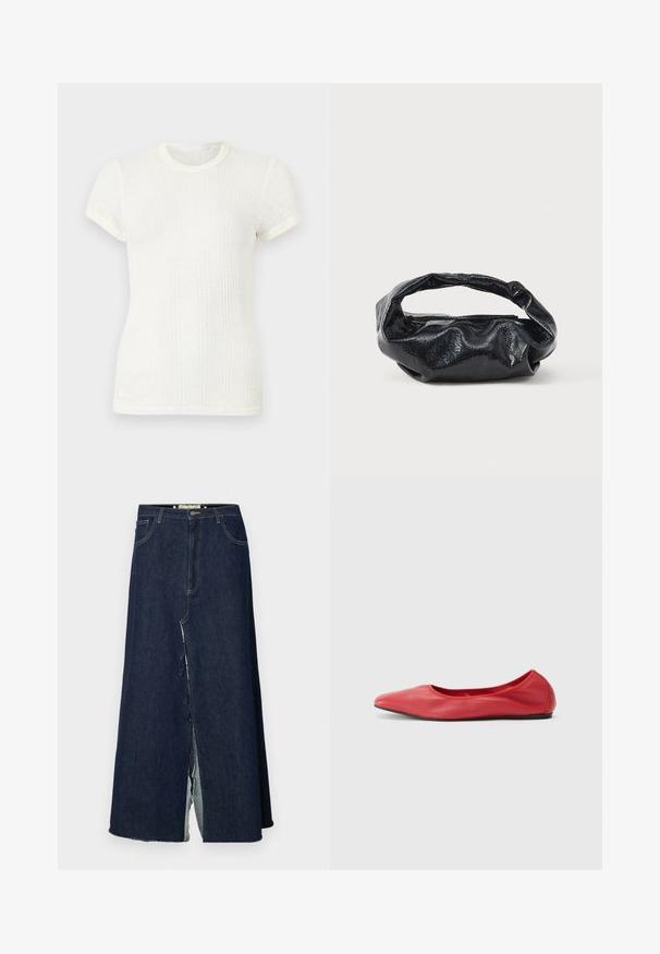 Witte, geribbelde, korte mouw T-shirt met ronde halslijn en licht opgeblazen mouwen.; Donkerblauwe denim lange rok met een split aan de voorkant. Bevat een traditionele vijf-pocket ontwerpelement en zichtbare stikselaccenten. De zoom is rafelig.; Filippa K REY FLATS - Ballerina's - bright red; Zwarte tas van glanzend, textuur materiaal met een ronde, gedraaide handgreep en een ritsluiting. Heeft een zacht, gekreukt ontwerp.