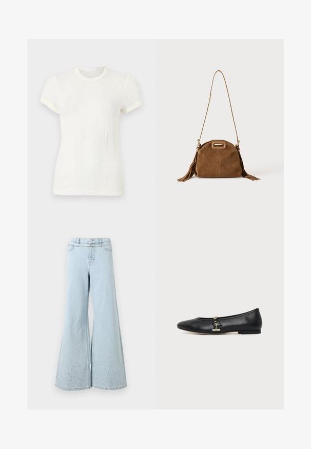 T-shirt blanc en maille côtelée à manches courtes avec col rond et manches légèrement bouffantes.; Jean en denim bleu clair taille haute à jambes larges, orné de petites strass dispersées près des ourlets.; Chaussure plate en cuir noir avec bout arrondi et petit détail de boucle dorée sur le côté, présentée sur un fond clair uni.; Sac à épaule en daim marron avec une longue bandoulière, une découpe rectangulaire de la poignée et des détails à pompons sur les côtés sur fond blanc.