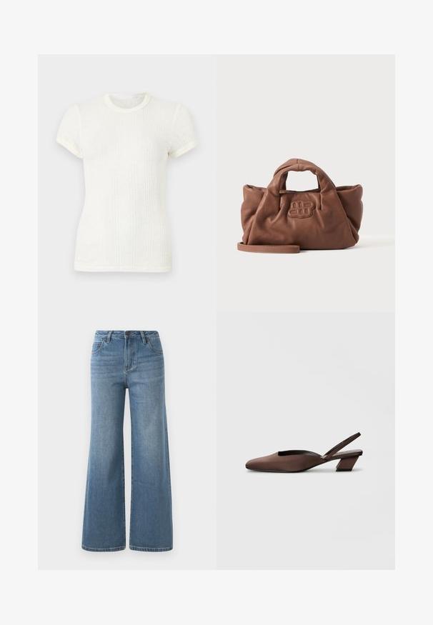 Witte, geribbelde, korte mouw T-shirt met ronde halslijn en licht opgeblazen mouwen.; Lichtblauwe wijde denim jeans met hoge taille, knoop- en ritssluiting en voorzakken.; Bruine slingback schoen met een zachte stoffen bovenkant, spitse neus en een geometrische blokhak, voorzien van een uitsnijdesign voor ventilatie.; Zachte bruine leren handtas met korte handgrepen, een vooraan gestikt logo en een afneembare lange band op een effen lichte achtergrond.