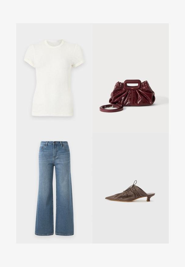 Weißes, kurzärmeliges, geripptes Strick-T-Shirt mit rundem Ausschnitt und leicht aufgepufften Ärmeln.; Hellblaue, weit geschnittene Denim-Jeans mit hoher Taille, Knopf- und Reißverschluss sowie Fronttaschen.; Braune Lederpantolette mit spitzem Zehenbereich, geraffter Textur, kleinem Absatz und einem Zugbandakzent am Eingangsbereich. Glatte Oberfläche.; Kleine dunkelrote Ledertasche mit geraffter Textur, rechteckigem Handgriff mit Ausschnitt und abnehmbarem Schulterriemen auf weißem Hintergrund.