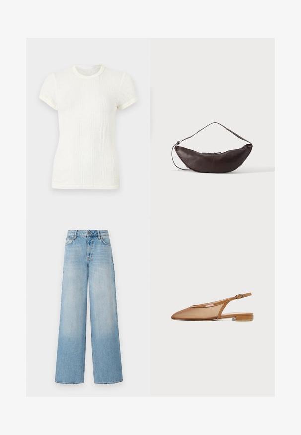 Witte, geribbelde, korte mouw T-shirt met ronde halslijn en licht opgeblazen mouwen.; Lichtblauwe wijde jeans met een hoge taille, met vervaging bij de benen, riemlussen en een traditionele metalen knoop en ritssluiting.; Bruine slingback platte schoen met puntige neus, dunne band met gesp en lage blokhak op witte achtergrond.; Donkerbruine leren schoudertas in halve maan vorm met een gebogen band en zichtbare stiksels op een effen achtergrond.