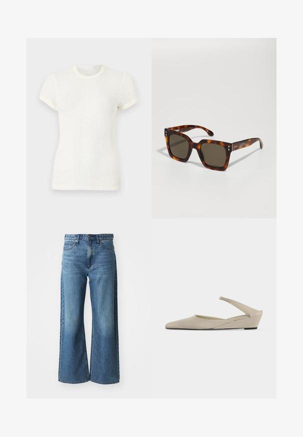T-shirt blanc en maille côtelée à manches courtes avec col rond et manches légèrement bouffantes.; Jean en denim bleu à jambes larges avec une taille mi-haute, cinq poches et un léger dégradé. Caractéristiques : passants de ceinture et détails cousus.; Chaussure slingback beige à petit talon compensé, bout pointu et finition mate lisse, présentée de profil sur fond blanc.; Lunettes de soleil en écaille de tortue avec des verres carrés, teinte brun foncé et accents frontaux distinctifs ; texture lisse et design de monture robuste.