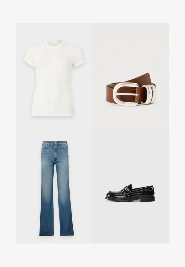 T-shirt blanc en maille côtelée à manches courtes avec col rond et manches légèrement bouffantes.; Jean en denim bleu évasés avec un délavage clair, présentant un style à cinq poches traditionnel et une fermeture à boutons. Silhouette à jambe droite.; Mocassins en cuir noir avec une finition brillante, dotés de deux boucles dorées et d'un talon bas. Texture lisse avec un design à bout arrondi.; Ceinture en cuir marron avec une large boucle en métal argenté. La ceinture présente une texture lisse et un design classique avec des détails cousus.