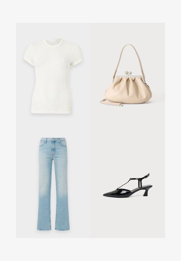 T-shirt blanc en maille côtelée à manches courtes avec col rond et manches légèrement bouffantes.; Jean bleu clair évasés en denim, avec une taille haute, un design à cinq poches et une finition délavée pour un effet vintage.; Chaussure slingback en cuir verni noir à bout pointu avec bride en T et petit talon bloc incliné sur fond blanc.; Sac à main en cuir souple beige avec un fermoir en métal argenté, une bandoulière simple et une bandoulière chaîne optionnelle sur fond blanc.
