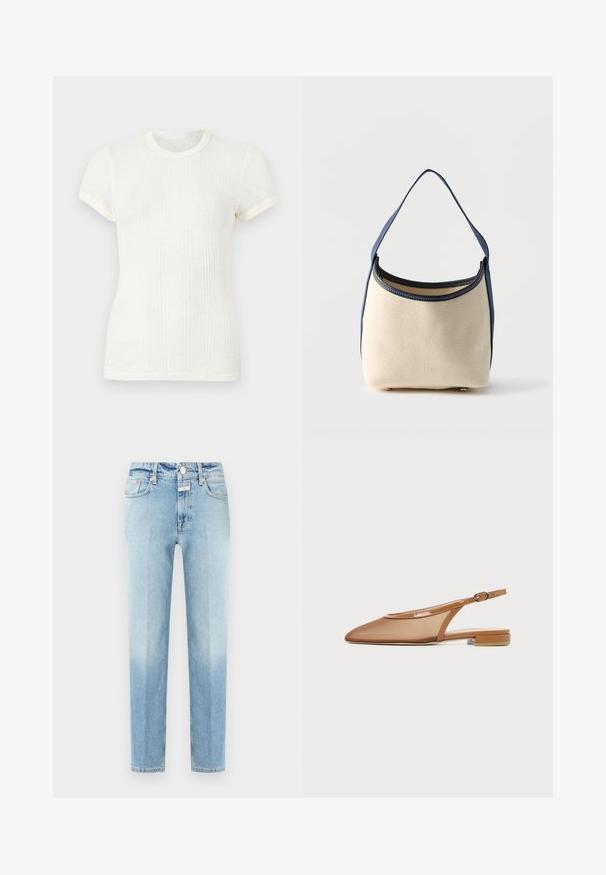 T-shirt blanc en maille côtelée à manches courtes avec col rond et manches légèrement bouffantes.; Jean denim bleu clair à jambes droites avec poches avant, passants pour ceinture, fermeture par bouton, et légère décoloration sur les cuisses et les genoux.; Chaussure plate à bride arrière marron avec bout pointu, fine bride avec boucle et petit talon bloc sur fond blanc.; Petit sac à main en tissu beige avec garniture en cuir bleu et une sangle bleue unique, debout sur une surface plane sur un fond uni.