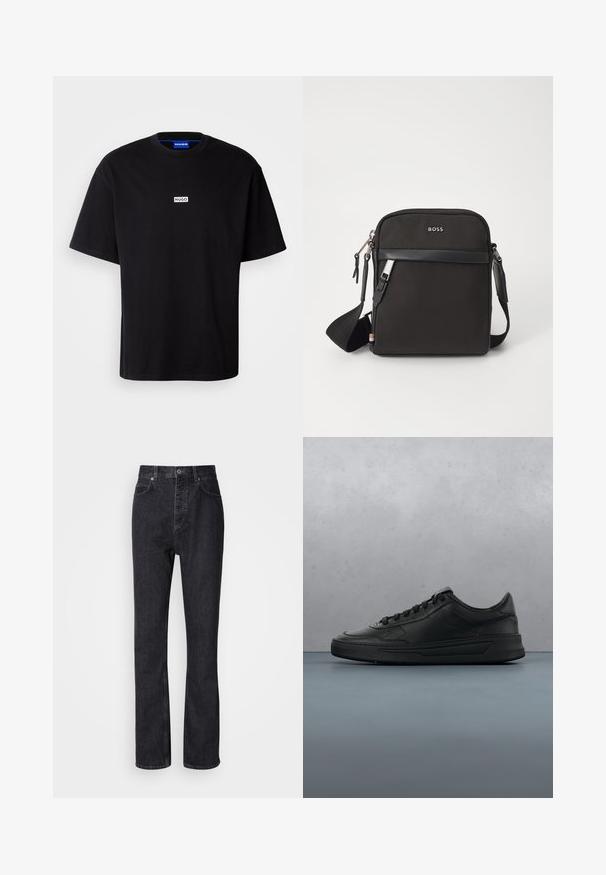 Schwarzes Baumwoll-T-Shirt mit Rundhalsausschnitt, kurzen Ärmeln und einem weißen rechteckigen "HUGO"-Logo auf der Brust. Glatte Textur, lockere Passform.; Hochtaillierte schwarze Jeans aus Denim mit Knopf- und Reißverschluss, Vorder- und Hintertaschen sowie einer geraden Passform.; Schwarze Sneaker mit glattem Lederobermaterial, runder Zehenpartie, flachen Schnürsenkeln, gepolstertem Kragen und minimalistischem Design. Gummisohle mit subtiler Profilierung.; Schwarze Umhängetasche aus strukturiertem Stoff, mit Logo auf der Vorderseite, Reißverschluss und verstellbarem Tragegurt. Verfügt über eine glatte Lederbesatz.