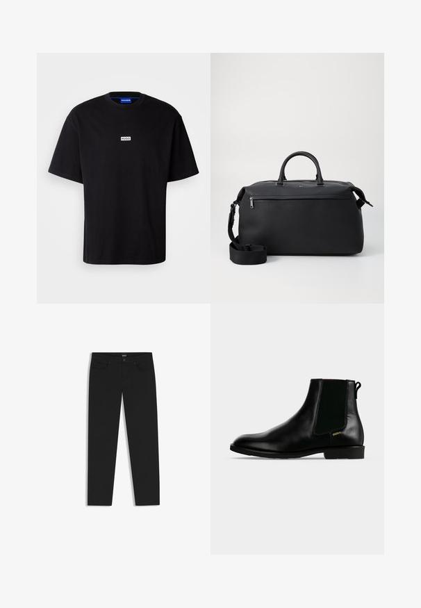 Schwarzes Baumwoll-T-Shirt mit Rundhalsausschnitt, kurzen Ärmeln und einem weißen rechteckigen "HUGO"-Logo auf der Brust. Glatte Textur, lockere Passform.; Schwarze Denim-Jeans mit slim fit, ausgestattet mit vorderen Taschen, einem Knopf- und Reißverschluss sowie einem Markenlabel am Bund von BOSS.; Schwarzer Lederknöchel-Stiefel mit elastischem Seiteneinsatz, niedrigem Absatz, Zuglasche hinten und kleinem goldenem "HUGO" Logo an der Außenseite.; Schwarze Leder-Reisetasche mit zwei Oberhandgriffen, einem abnehmbaren Schultergurt und einer Reißverschlusstasche auf der Vorderseite für zusätzlichen Stauraum.
