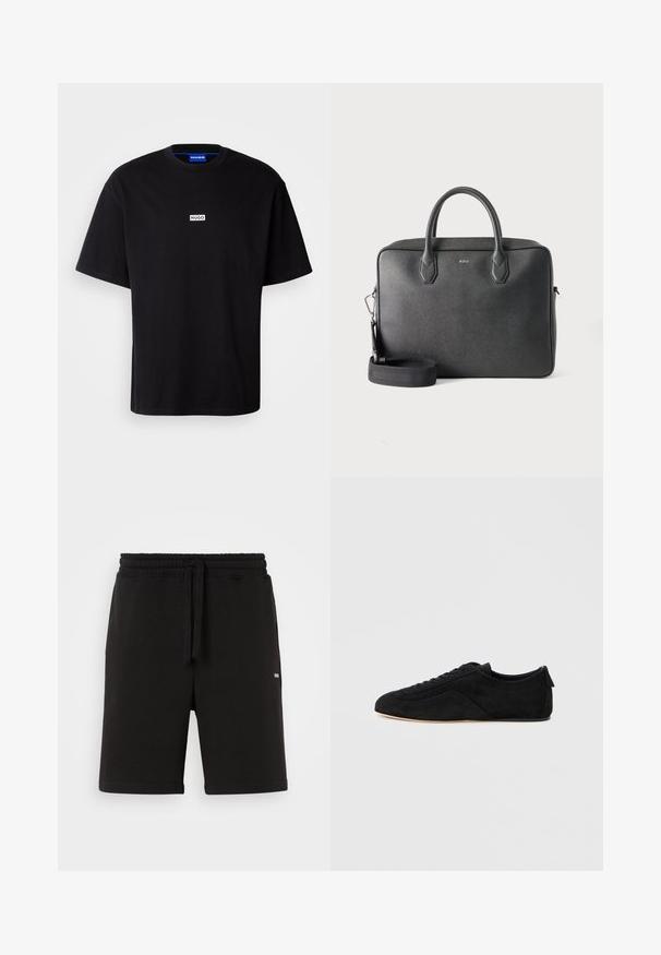 T-shirt en coton noir avec un col rond, des manches courtes et un logo rectangulaire "HUGO" blanc sur la poitrine. Texture lisse, coupe décontractée.; Shorts en coton noir avec une taille élastique et un cordon de serrage. Dotés de poches latérales et d'un petit logo à l'avant. Texture lisse.; Basket basse en daim noir avec lacets à l’avant et semelle beige, vue de côté extérieur sur fond gris clair.; Serviette en cuir noire avec deux poignées supérieures, bandoulière détachable et petit logo BOSS centré à l'avant sur fond uni.