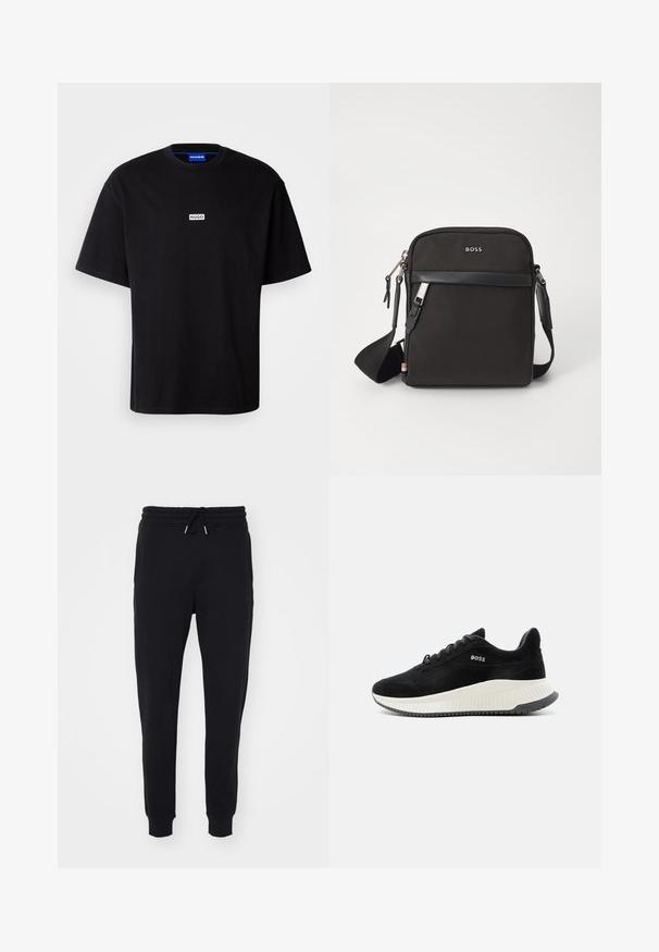 T-shirt en coton noir avec un col rond, des manches courtes et un logo rectangulaire "HUGO" blanc sur la poitrine. Texture lisse, coupe décontractée.; Pantalons de survêtement noirs en tissu doux, dotés d'une taille élastique avec cordon de serrage, de poches latérales et de finitions ajustées aux chevilles.; Baskets basses noires avec semelle blanche texturée et logo « BOSS » sur le côté, vues de l’extérieur sur un fond uni.; Sac bandoulière noir en tissu texturé, avec un logo sur le devant, fermeture éclair et une bandoulière réglable. Finitions en cuir lisse.