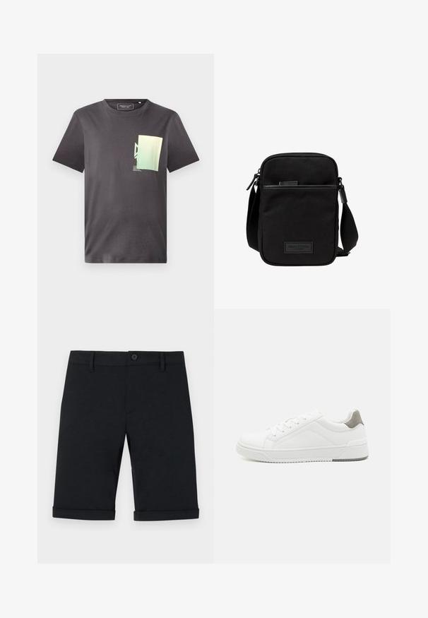 Grijs katoenen T-shirt met een ronde hals, voorzien van een minimalistische groene en blauwe grafische print op de linkerkant van de borst. Korte mouwen.; Zwarte katoenen shorts met knoopsluiting, een getailleerd ontwerp en opgerolde zoom. Voorzien van voorzakken en een gladde textuur.; Witte sneaker van glad leer met een ronde neus, minimalistisch ontwerp, grijze hielaccent en een geplaatste rubberen zool.; Zwarte stoffen crossbody tas met een ritssluiting hoofdcompartiment, leren accenten, een voorkantvak en een verstelbare band. Marc O'Polo logo zichtbaar.