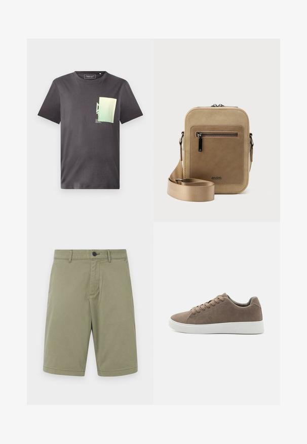 T-shirt en coton gris avec un col rond, arborant un imprimé graphique minimaliste vert et bleu sur la partie gauche de la poitrine. Manches courtes.; Shorts en kaki en coton, dotés de passants de ceinture, d'un bouton avant et d'un design à l'avant plat avec une finition soignée et sans poches.; Baskets en daim marron avec des semelles en caoutchouc blanc plat, design lacé, bout rond et texture lisse. Style minimaliste avec des détails de couture subtils.; Petit sac bandoulière beige avec poche avant zippée, logo métallique ALDO, sangle large ajustable et forme rectangulaire arrondie sur fond blanc.