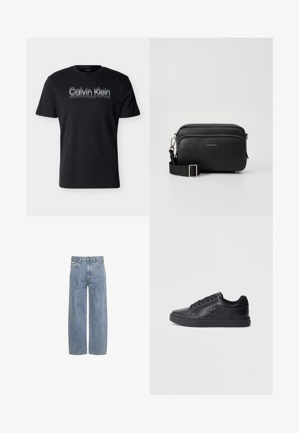Zwart T-shirt met korte mouwen met witte tekst "Calvin Klein" en de slogan "Established Nineteen Sixty Eight" eronder op het midden van de voorkant.; Lichtblauwe jeans met rechte pijpen, knoop- en ritsluiting aan de voorkant, riemlussen en een ontwerp met vijf zakken.; Zwarte leren sneakers met vetersluiting, rubberen zool en reliëflogo op de zijkant, met een gladde textuur en minimalistische stijl.; Zwarte leren schoudertas met twee ritscompartimenten, gestructureerd afwerking, verstelbare schouderband en zilveren hardware-accenten. Calvin Klein-logo zichtbaar.