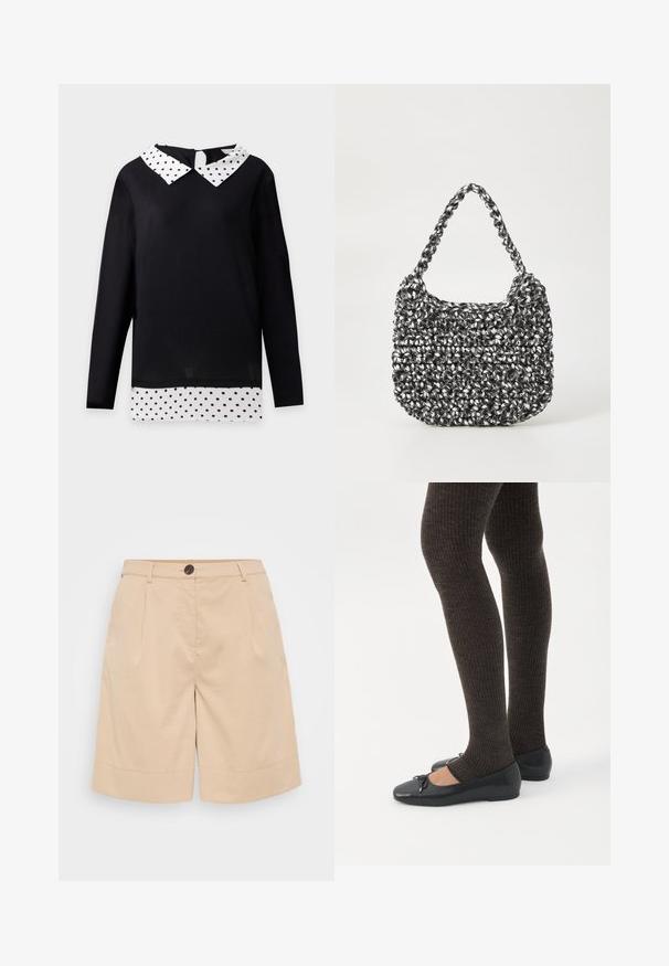 Sort langærmet top med hvid krave og kant med sorte prikker, stylet til at ligne en lagdelt skjorte.; Beige bomuldsbukser med skræddersyet design, der har knaplukning, forreste folder og en oprullet kant for ekstra detaljer og struktur.; Ben iført mørke ribbede leggings kombineret med sorte balletsko med små sløjfedetaljer på hvid baggrund.; Vævet håndtaske i sort og hvid med en rund form, tekstureret overflade og et fletet håndtag. Velegnet til afslappet brug.