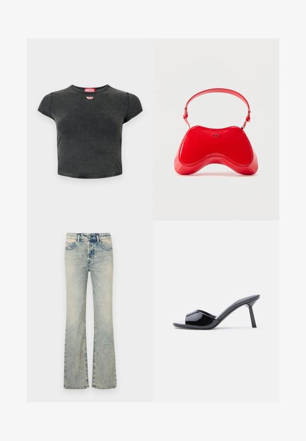 Sort, cropped t-shirt lavet af bomuld med rund halsudskæring og korte ærmer. Har et lille rødt logo og en falmet struktur.; Lysblå flared jeans lavet af denim, med en fem-lomme design, syninger detaljer og en almindelig talje med en knaplukning.; Sorte laklæder sandaletter med åben tå, der har et buet overdesign og en spids stilethæl. Glat, blank finish.; Rød taske i laklæder med en buet, ergonomisk form, der har en tynd justerbar rem og en diskret logodetalje foran.