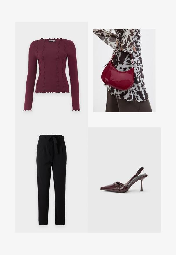 Bordeaux-rotes Langarmoberteil aus geripptem Stoff mit Rüschendetails am Ausschnitt und Saum. Enganliegendes Design mit verkürzter Länge.; Schwarze Hose aus einem weichen, flexiblen Material, mit einem Kordelzugbund, vorderen Falten und einer schmal zulaufenden Beinform.; Bordeauxroter Slingback-Pumps aus Lackleder mit spitz zulaufender Vorderkappe, dünnem Knöchelriemen und kleiner dekorativer Schnalle. Glatte Textur und hoher Absatz.; Frau trägt eine schwarz-weiß gemusterte Bluse und hält eine glänzende rote Schultertasche vor einem einfarbigen Hintergrund.
