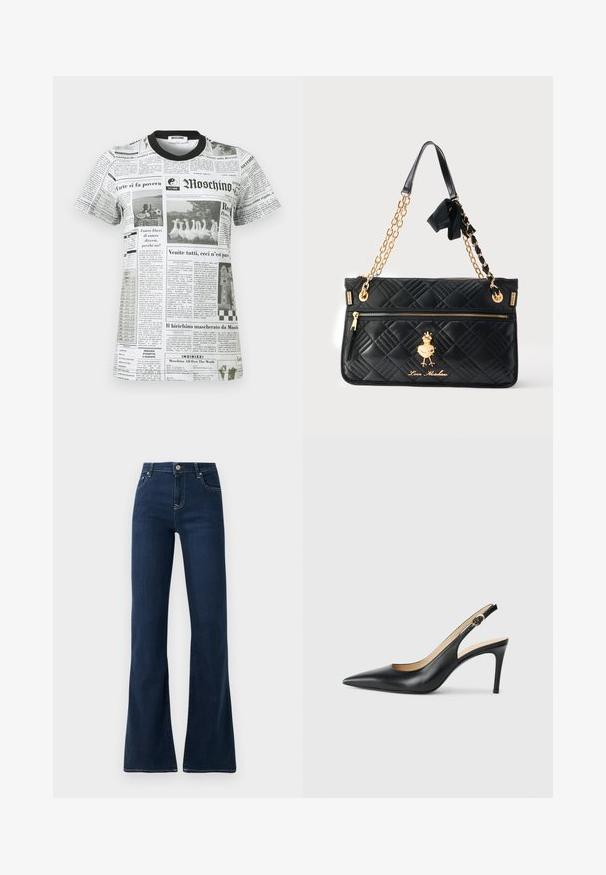Moschino Kurzarm-T-Shirt mit schwarzem Kragen, bedruckt mit einem schwarz-weißen Zeitungslayout mit Textblöcken und Bildern von Gänsen und einem Kind.; Dunkelblaue Schlagjeans mit einer hohen Taille, aus Denimstoff gefertigt. Verfügt über zwei Fronttaschen und Kontrastnähte entlang der Nähte.; Schwarze Leder-Slingback-High-Heels mit spitzem Zehenbereich, verstellbarem Riemen und schlankem Stiletto-Absatz, ausgestattet mit einer glatten Oberfläche.; Schwarze gesteppte Handtasche mit goldener Kette und Lederhenkel, Frontreißverschlusstasche und goldenem Love Moschino Logo mit herzförmigem Vogel-Emblem.