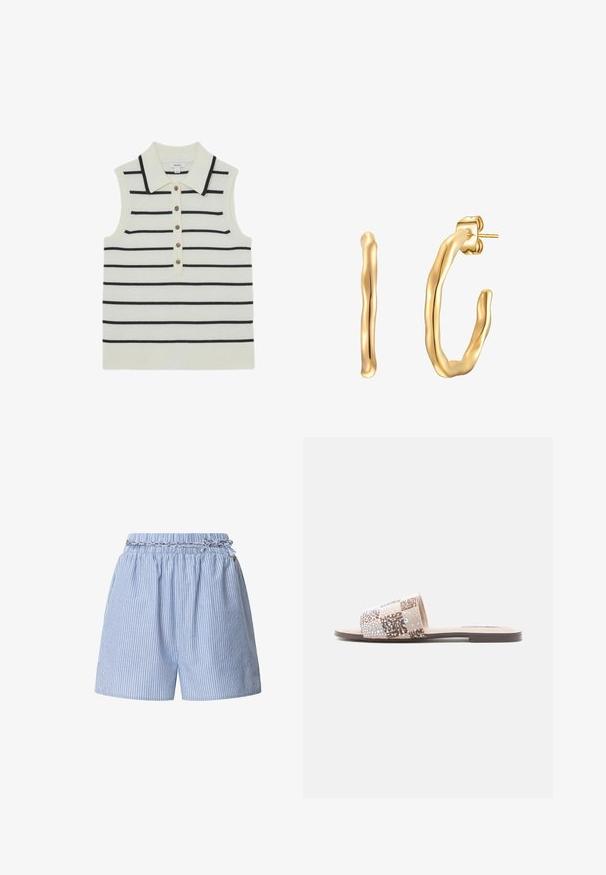 Ærmeløs, hvid striktop med sorte vandrette striber, spids krave og en knapstolpe foran med fem brune knapper.; Blå stribede shorts med elastisk talje og et flettet snor. Har vertikale hvide striber og et afslappet design.; Beige slidessandal med en vævet overdel med brune mønstre og stenpynt. Flad sål og åben tå-design for nem påtagning.; Yokoamii CREOLEN - Øreringe - gold coloured