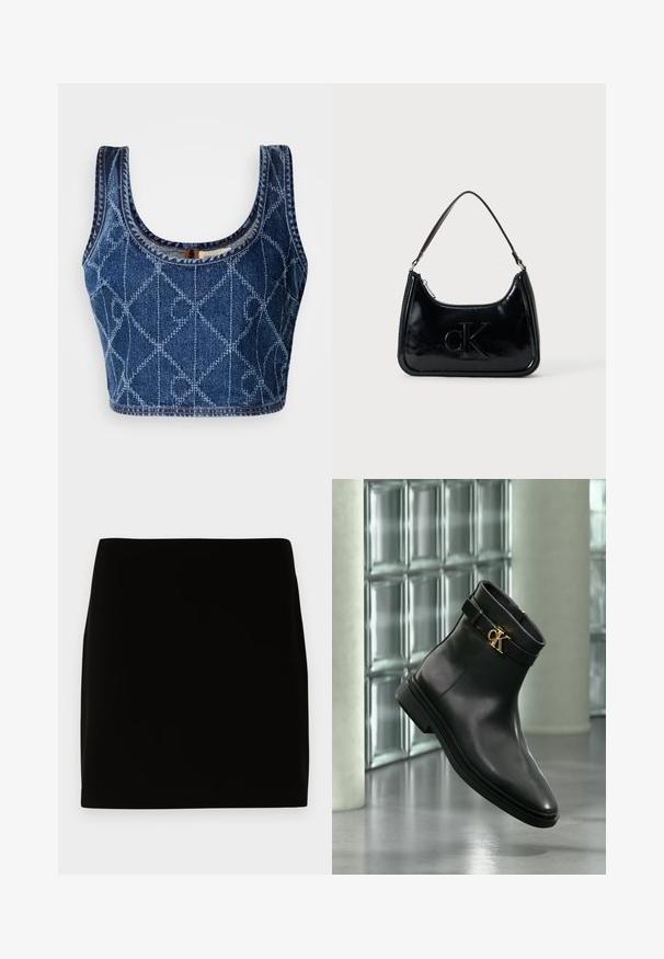 Denim crop top med en rund udskæring, der har et diamantmønster syet i lysere blå, og afsluttede kanter med kontrasttråd.; Sort mini nederdel lavet af glat stof, med et enkelt design uden synlige sømme eller dekorationer. Rene linjer og lige pasform.; Sort læderankelstøvle med guld CK-logo spænde vist mod en baggrund af glasblokke og poleret betongulv.; Sort patentlæder håndtaske med et buet topgreb, lynlåsslukning og prægede "cK" logo på fronten. Glat tekstur, struktureret form.